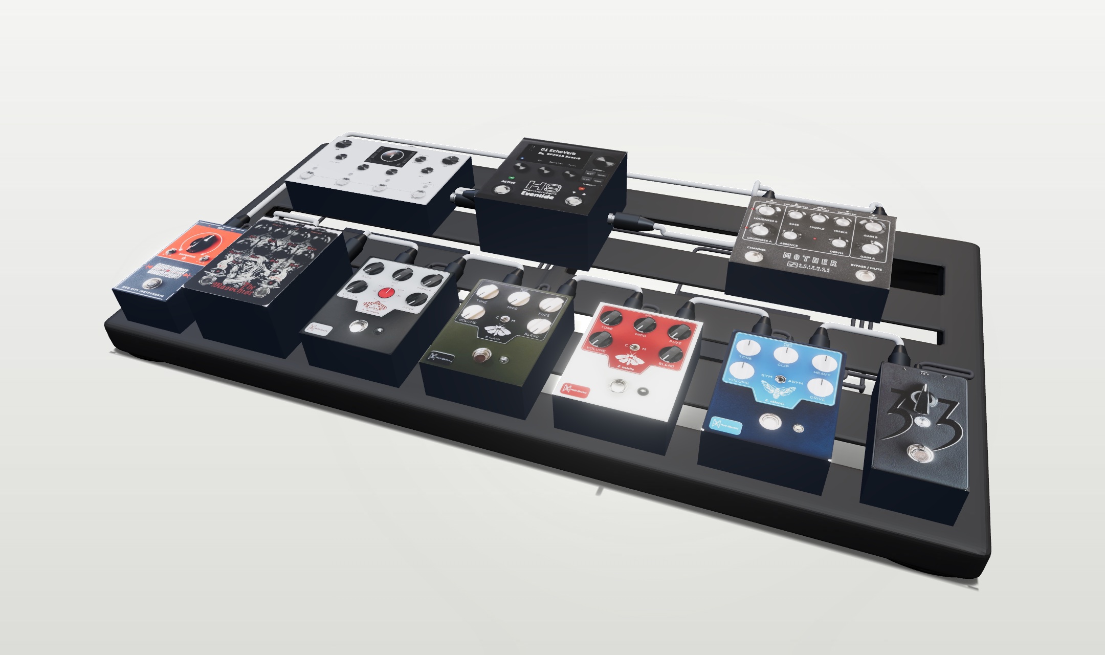 Vue en 3D d’un pedalboard de guitare créé dans rigplanner.